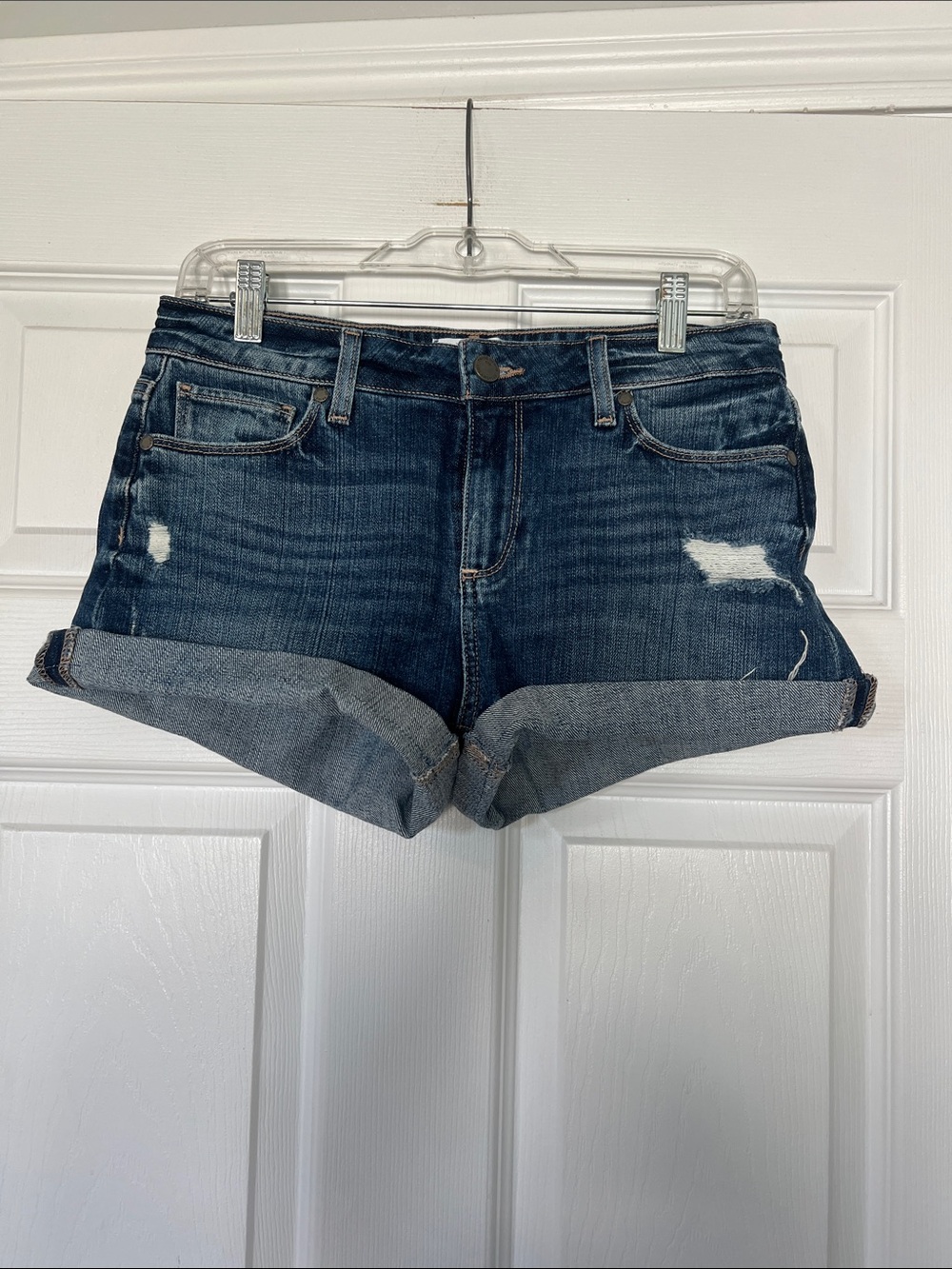 PAIGE Dark Blue Rolled Cuff Distressed Denim Shorts